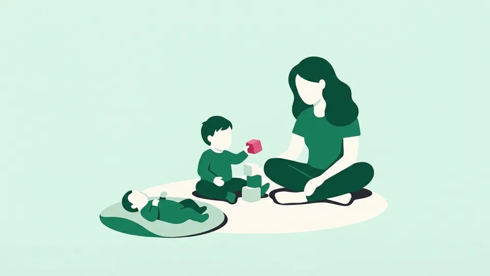 Mother on a living room rug watching her toddler stack blocks beside a baby on a play mat