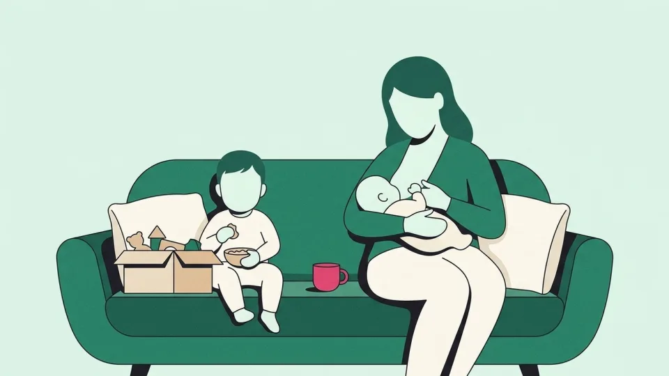 Mother feeding a newborn on the sofa while her toddler sits beside her with a snack and a box of toys