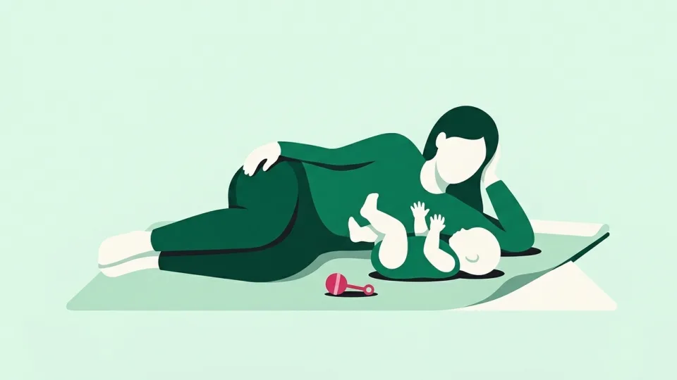 Mother lying on a play mat face to face with her baby, who kicks happily on its back