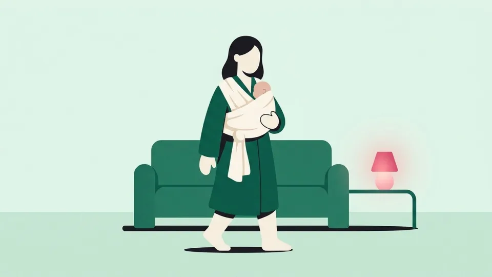 Mother walking through a dim living room in the evening with her newborn held close in a wrap carrier