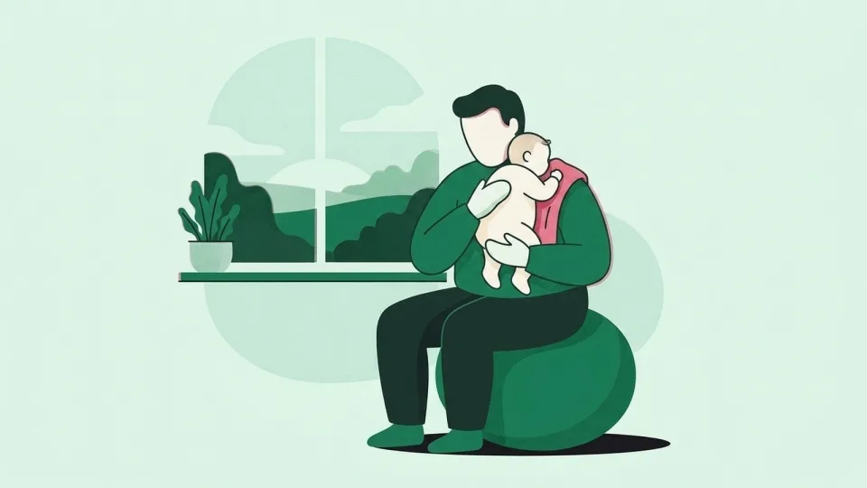 Father bouncing gently on an exercise ball by a window at dusk with a swaddled newborn on his shoulder