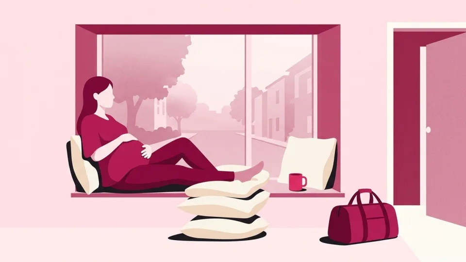 Heavily pregnant woman resting in a window seat with a hand on her bump, a packed hospital bag by the door
