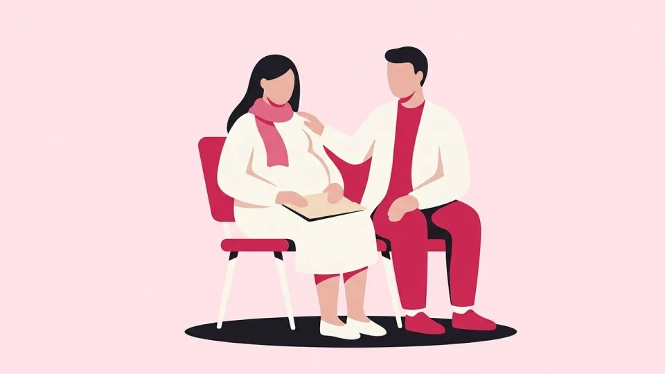 Pregnant woman and her partner sitting side by side in a clinic waiting area