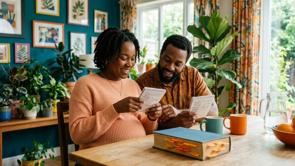 Pregnant woman and her partner at a kitchen table comparing two handwritten lists, with a baby name book open between them