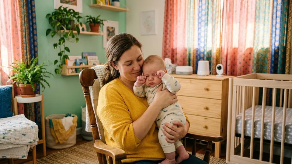 Mother rocking her tired 3-month-old in a glider in a bright nursery in the late afternoon
