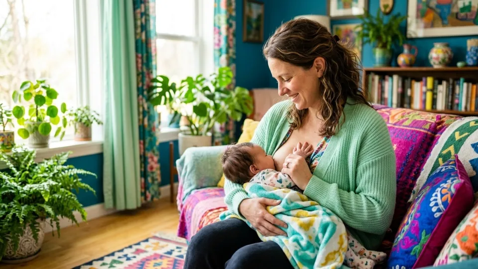 Mother nursing her 3-month-old on the sofa in a sunny living room in the late afternoon