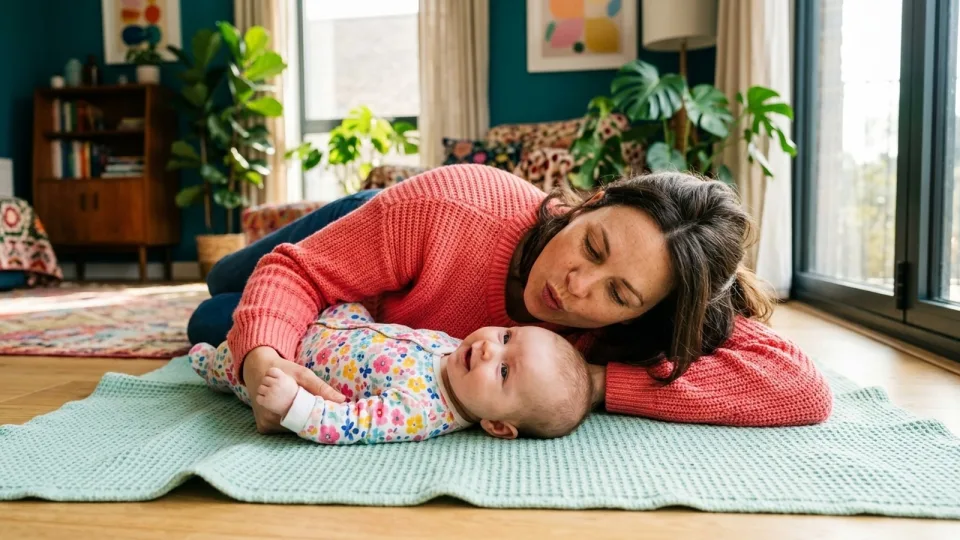 Mother and her three-month-old baby lying face to face on a green blanket, cooing at each other