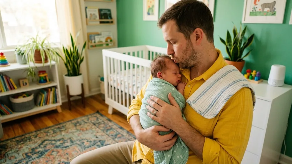 Father swaying in a bright nursery with his swaddled newborn on his chest, a white noise machine on the dresser
