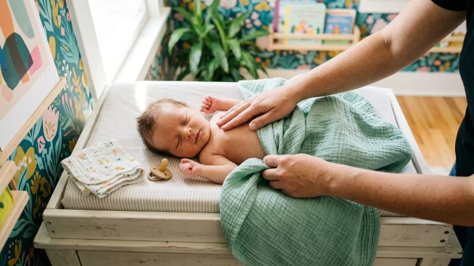 Parent's hands wrapping a calm newborn in a green muslin swaddle on a changing pad