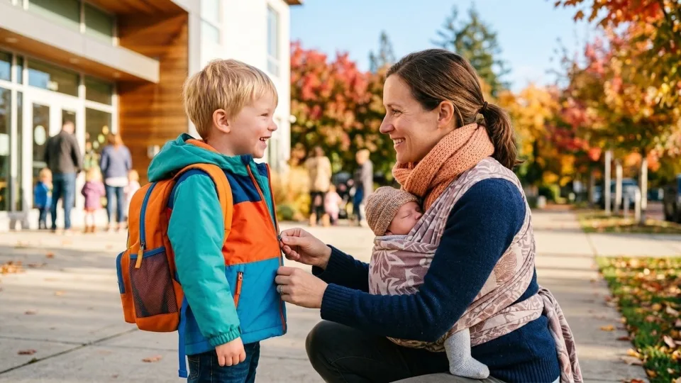 Mother with a newborn in a carrier on her chest zipping her preschooler's jacket outside a preschool on a fall morning